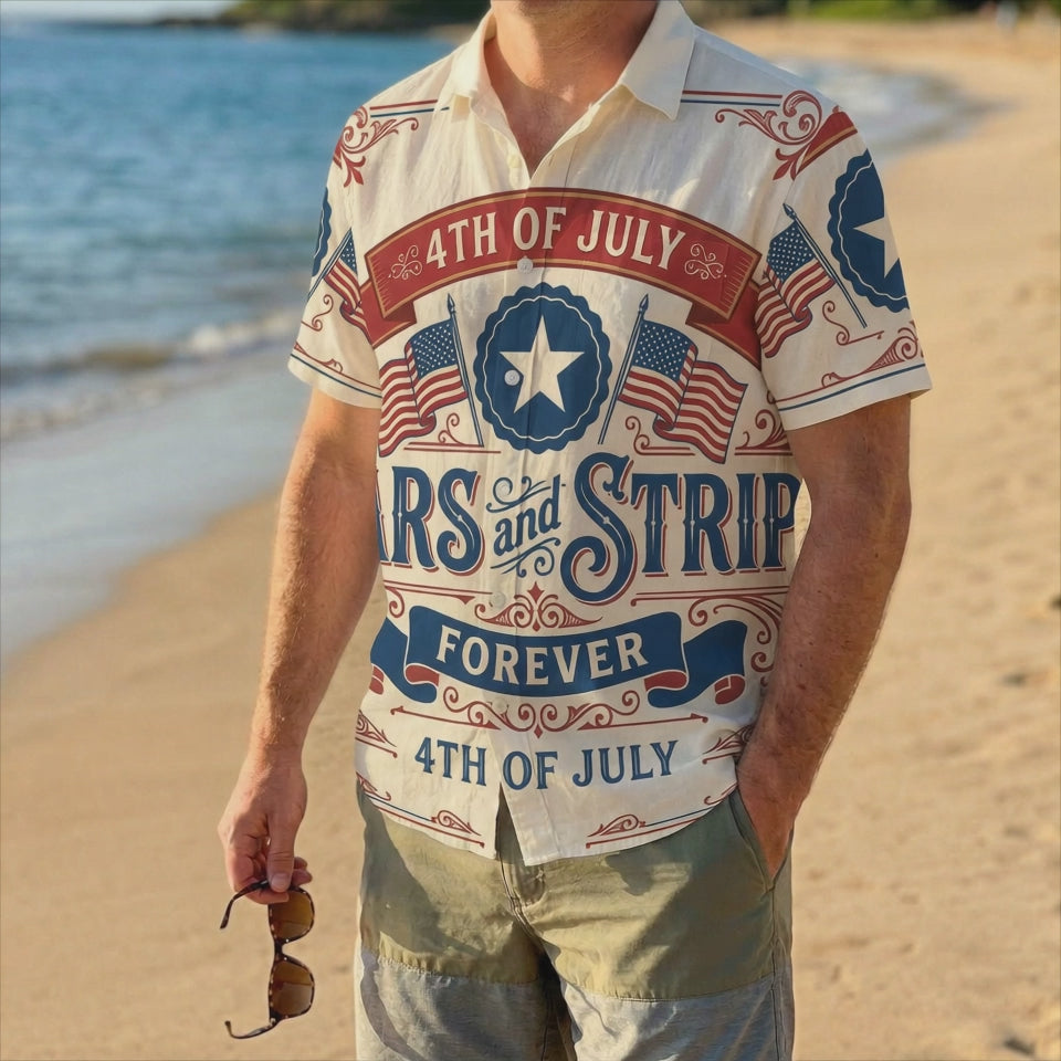 A male model wearing the vintage Stars and Stripes Forever Aloha shirt on a sunny beach, showcasing a classic American summer style.