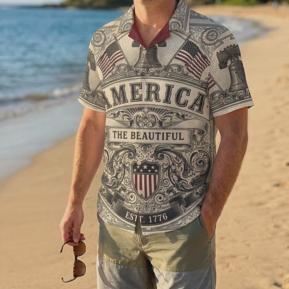 America The Beautiful 250th Anniversary Aloha Shirt - Vintage Liberty Bell 1776 2026 Patriotic Gift - Heritage Edition Hawaiian Button Down